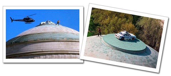 Réplica de un coche de policía colocada por los alumnos en la gran cúpula del MIT en 1994