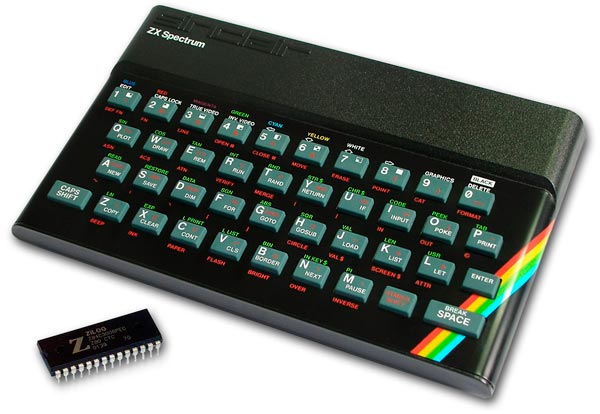 Ordenador Sinclair ZX Spectrum (el monitor era la TV) y su microprocesador Z80 de Zilog