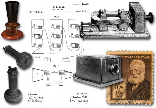 Dibujo en la patente y modelos de teléfonos de A.G. Bell (1877)