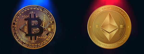 Representación de las criptomonedas bitcoin y ether