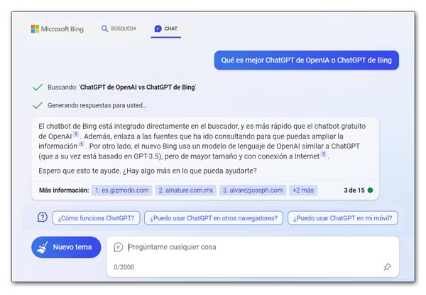 Uso de ChatGPT en Bing (opción Chat del buscador) 
