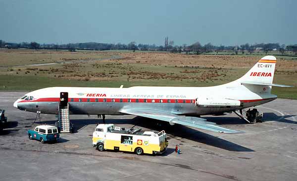 Avión de Iberia en el aeropuerto de Manchester (Reino Unido) en 1969. Se trata de un Sud Aviation Caravelle